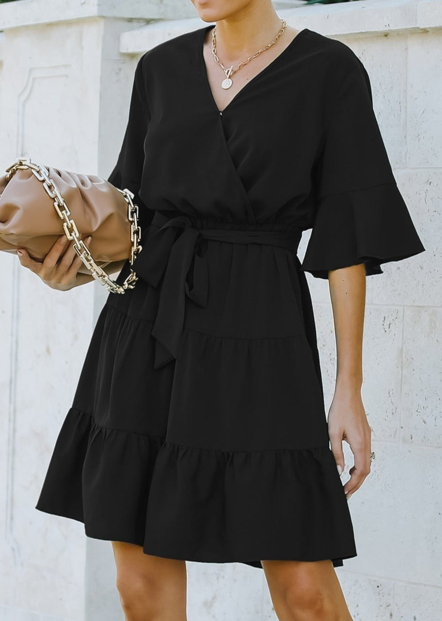 Bell Sleeve Belted Tier Dress