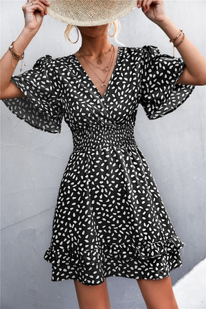 Butterfly Sleeve Dotted Ruffled Dress