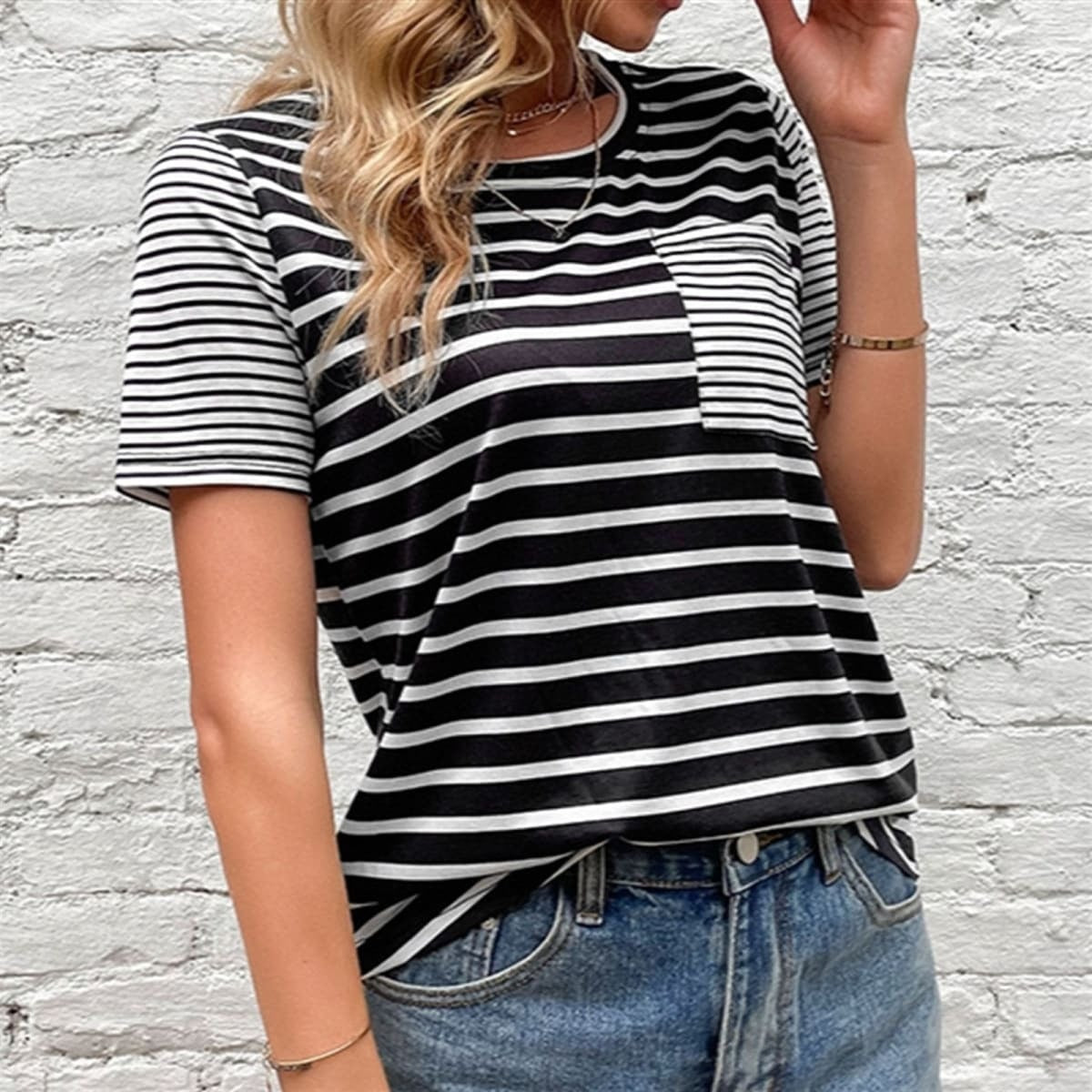 Contrasting Stripe Pocket Top