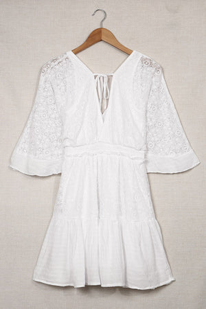 Bell Sleeve White Lace Mini Dress
