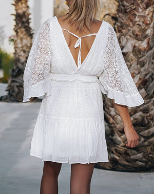 Bell Sleeve White Lace Mini Dress