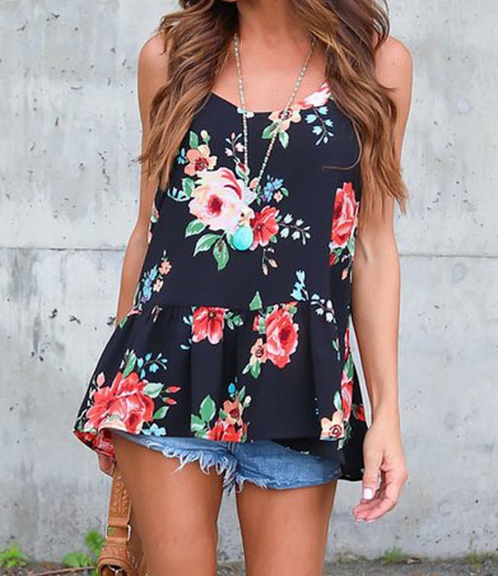 Flounced Black Floral Top