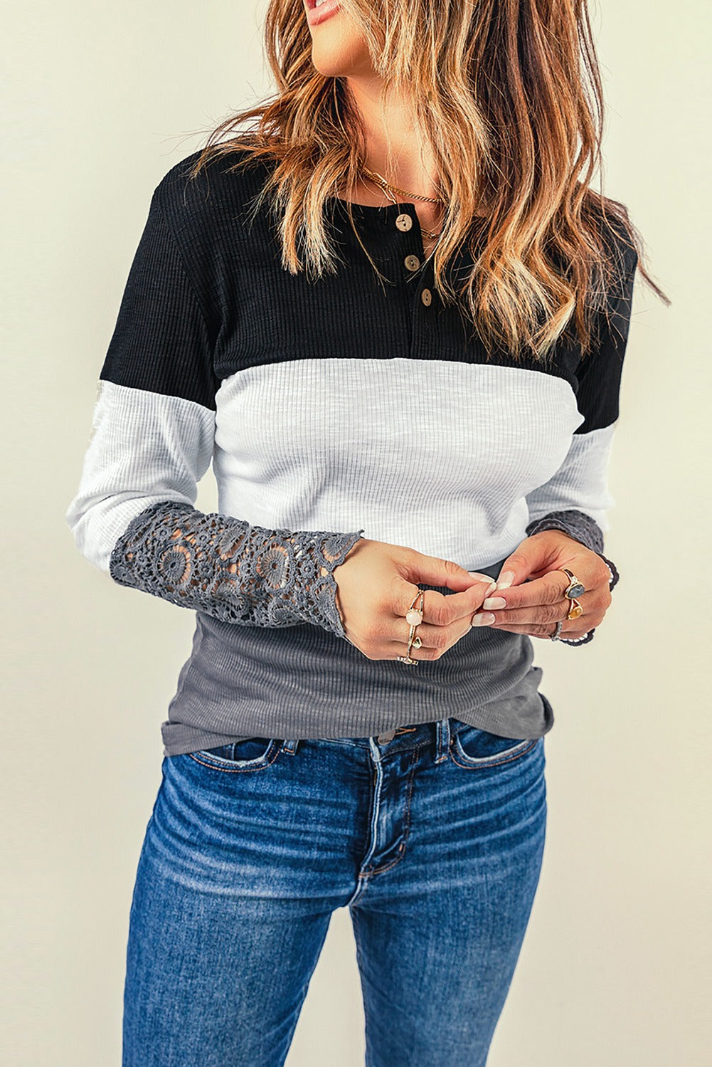 Colorblock Lace Sleeve Top