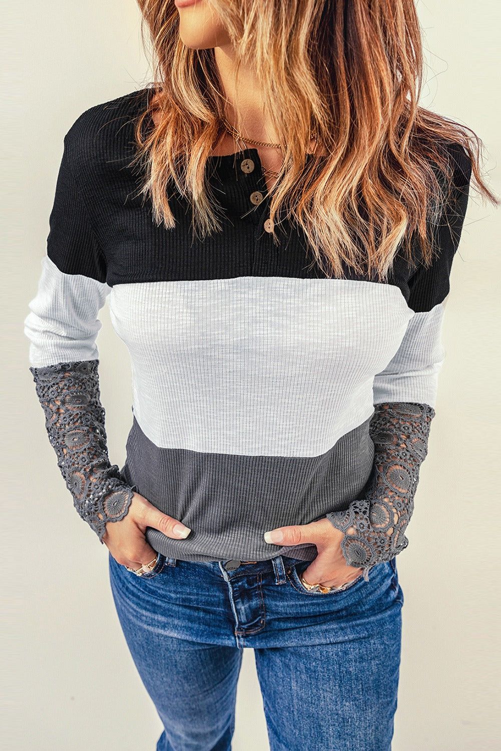 Colorblock Lace Sleeve Top