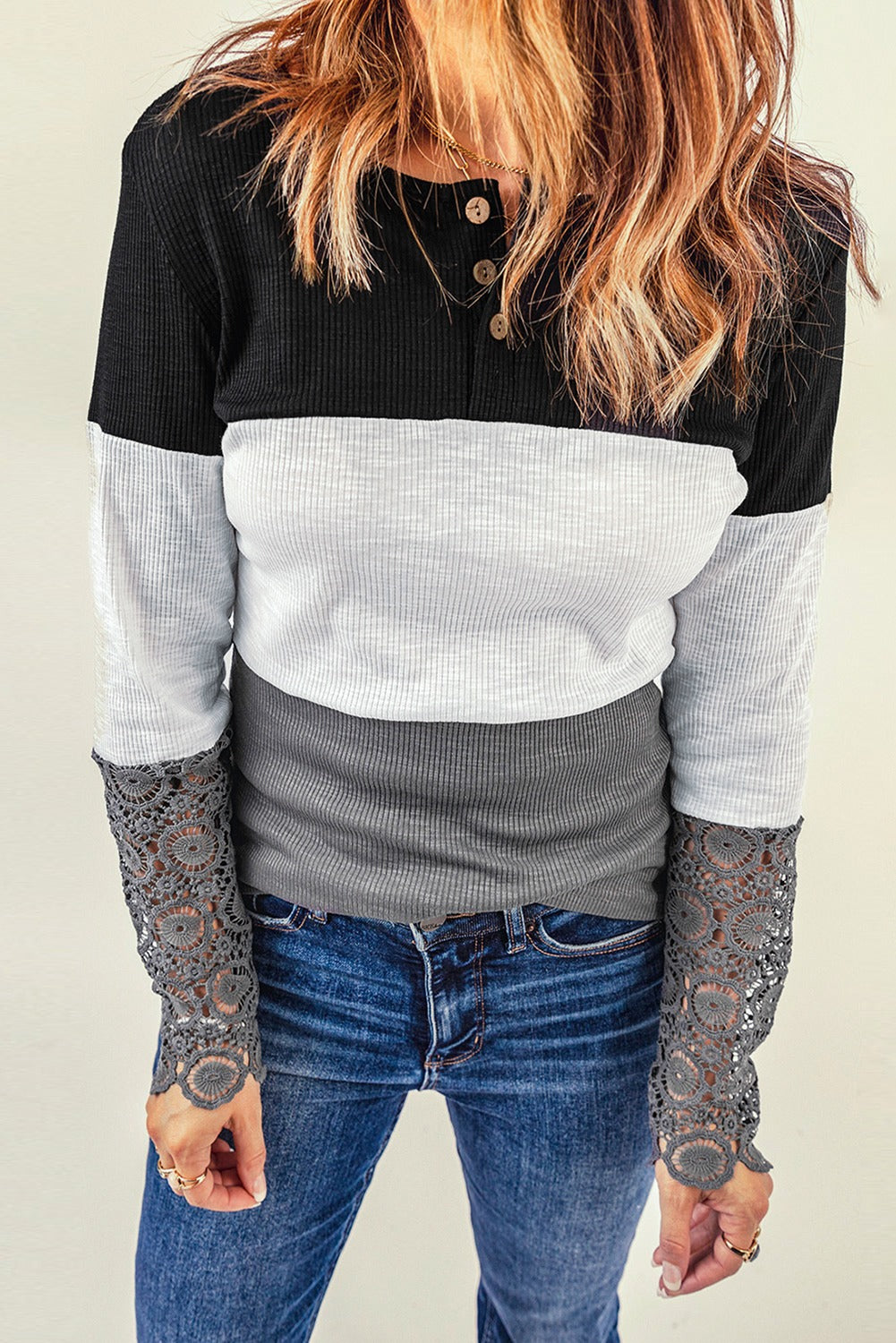 Colorblock Lace Sleeve Top