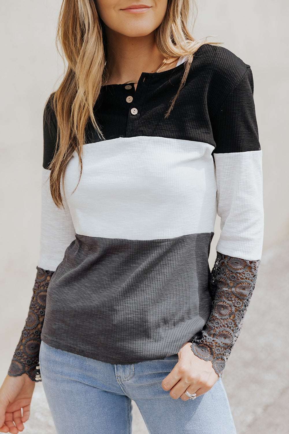 Colorblock Lace Sleeve Top