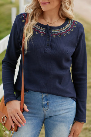 Embroidered Navy Waffle Top