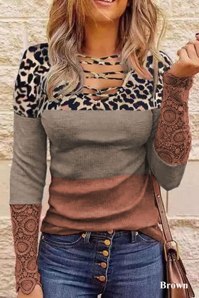 Knotted v Leopard Lace Sleeve Top