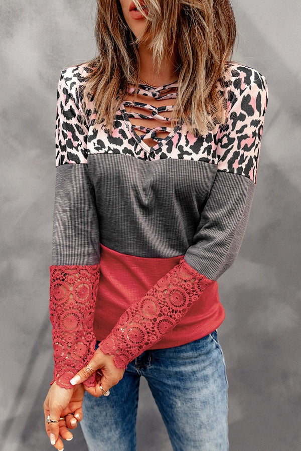 Knotted v Leopard Lace Sleeve Top