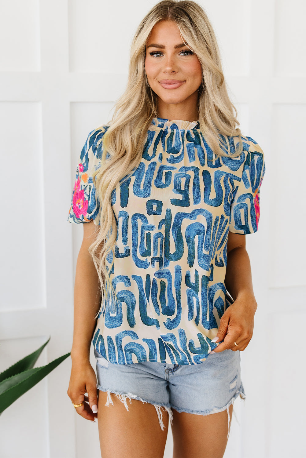 Floral Embroidered Abstract Print Ruffled Neck Top