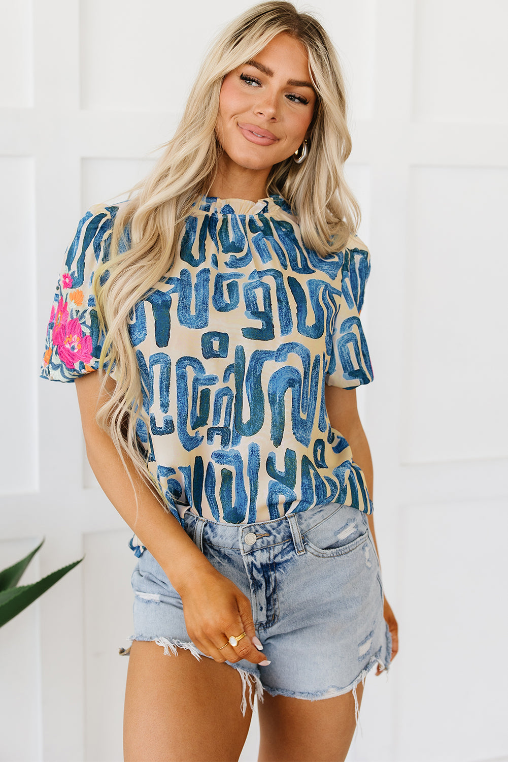 Floral Embroidered Abstract Print Ruffled Neck Top