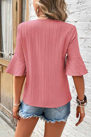 Textured Stripe Half Bell Ruffled Sleeve V Neck Top