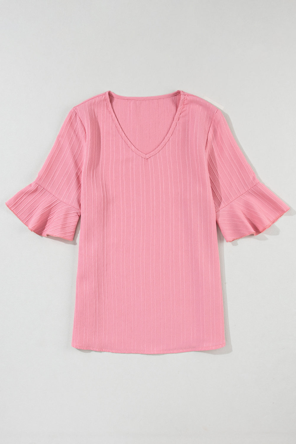 Textured Stripe Half Bell Ruffled Sleeve V Neck Top