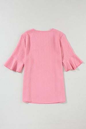 Textured Stripe Half Bell Ruffled Sleeve V Neck Top