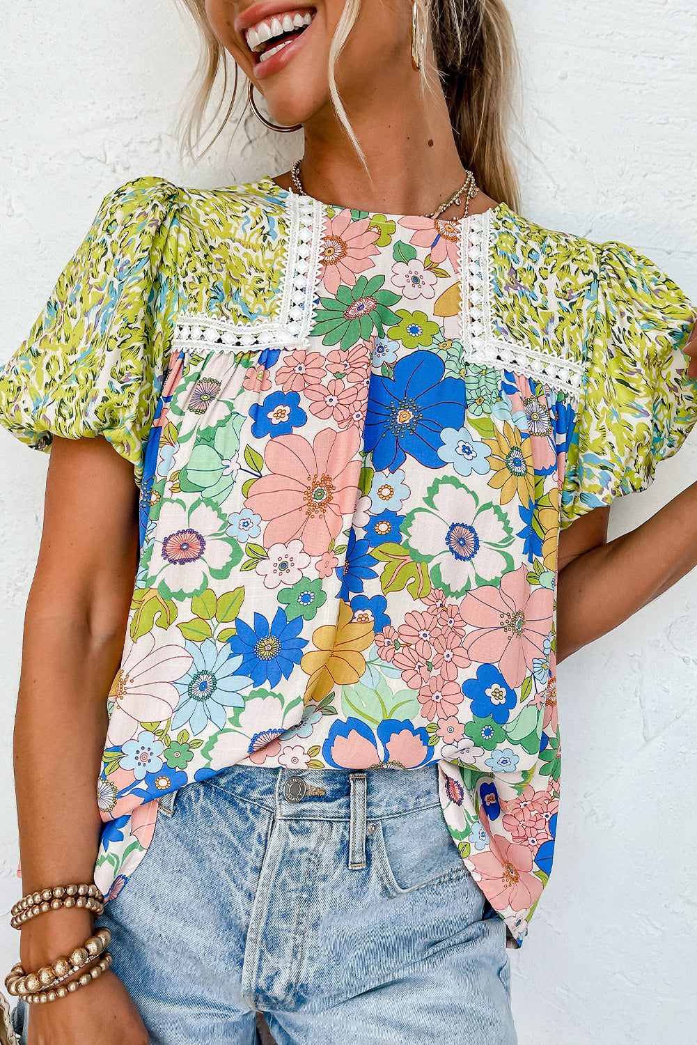 Mixed Print Floral Lace Trim Bubble Sleeve Top