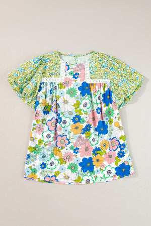 Mixed Print Floral Lace Trim Bubble Sleeve Top