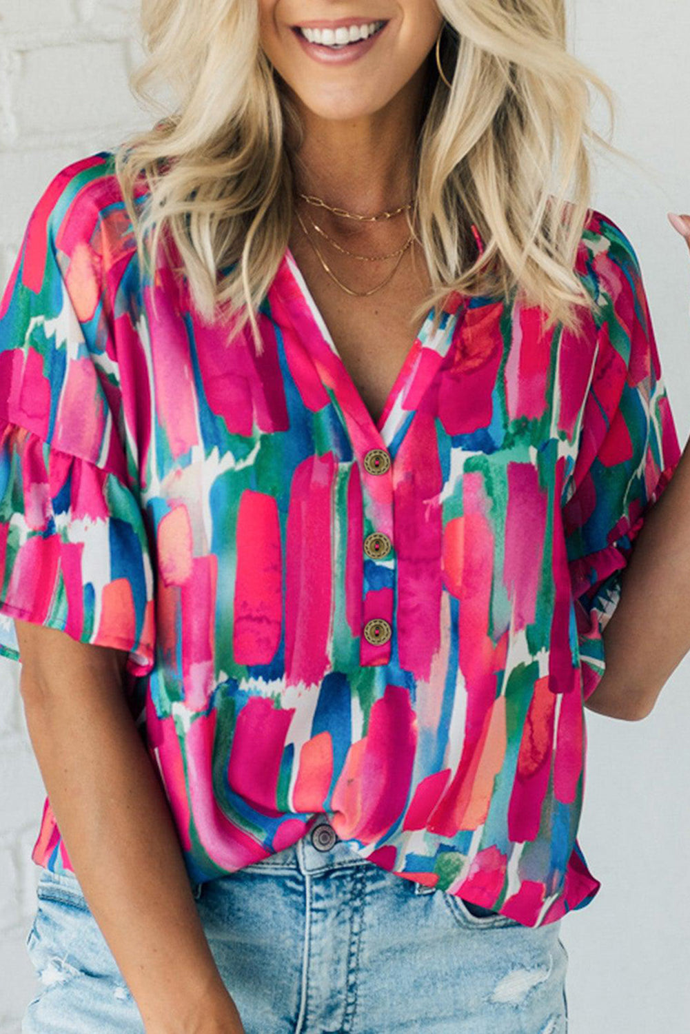 Brushstroke Print Bell Sleeve V Neck Buttoned Top