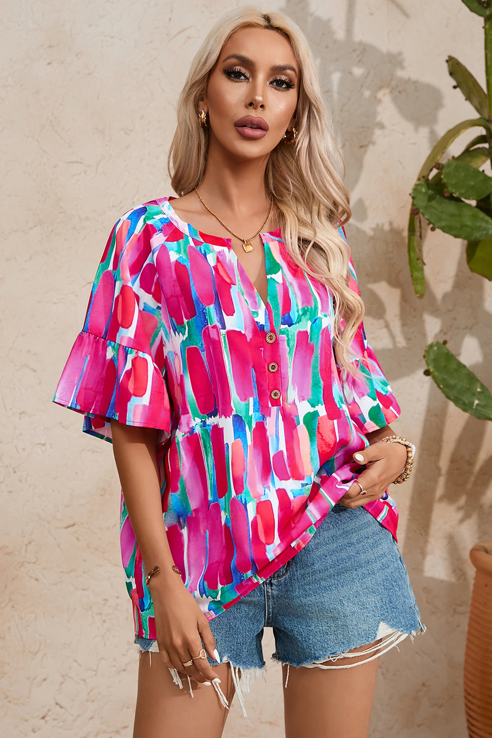 Brushstroke Print Bell Sleeve V Neck Buttoned Top