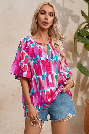 Brushstroke Print Bell Sleeve V Neck Buttoned Top