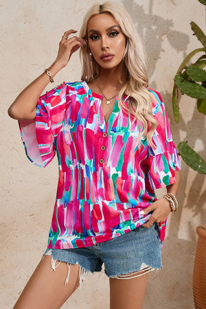 Brushstroke Print Bell Sleeve V Neck Buttoned Top