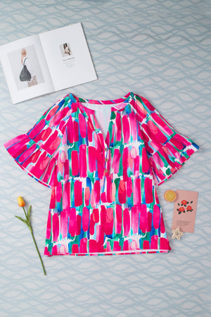 Brushstroke Print Bell Sleeve V Neck Buttoned Top