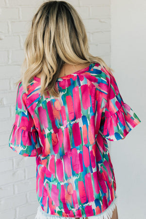 Brushstroke Print Bell Sleeve V Neck Buttoned Top