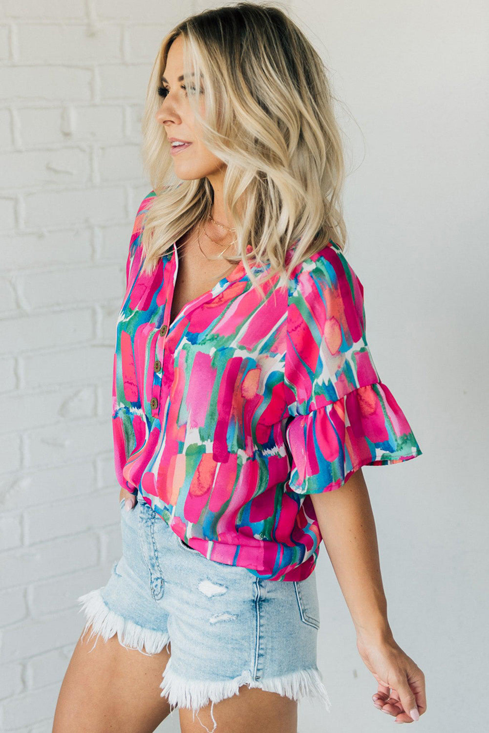 Brushstroke Print Bell Sleeve V Neck Buttoned Top