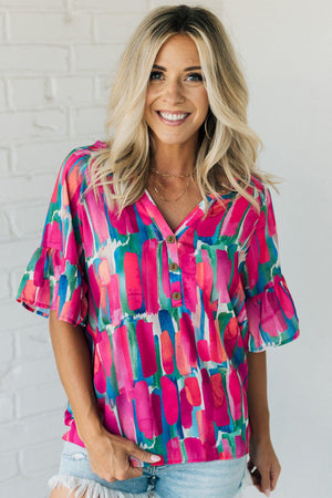 Brushstroke Print Bell Sleeve V Neck Buttoned Top