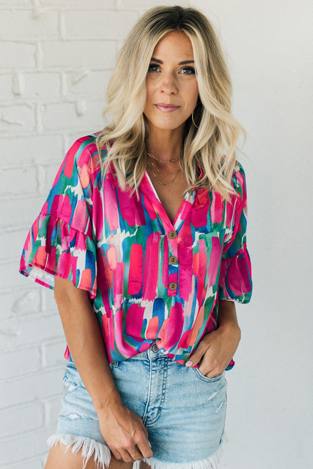 Brushstroke Print Bell Sleeve V Neck Buttoned Top