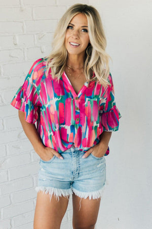 Brushstroke Print Bell Sleeve V Neck Buttoned Top