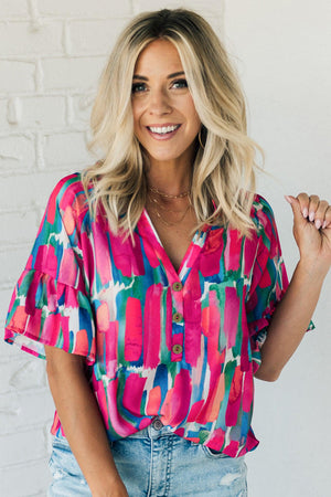 Brushstroke Print Bell Sleeve V Neck Buttoned Top