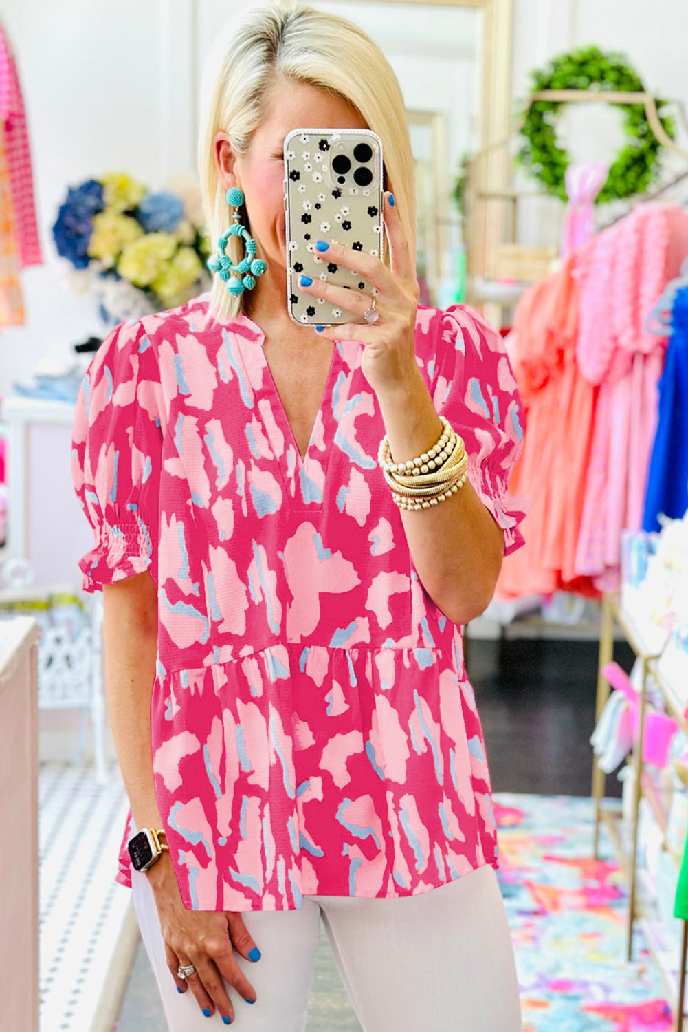 Pink Abstract Gathered Doll Sleeve Top