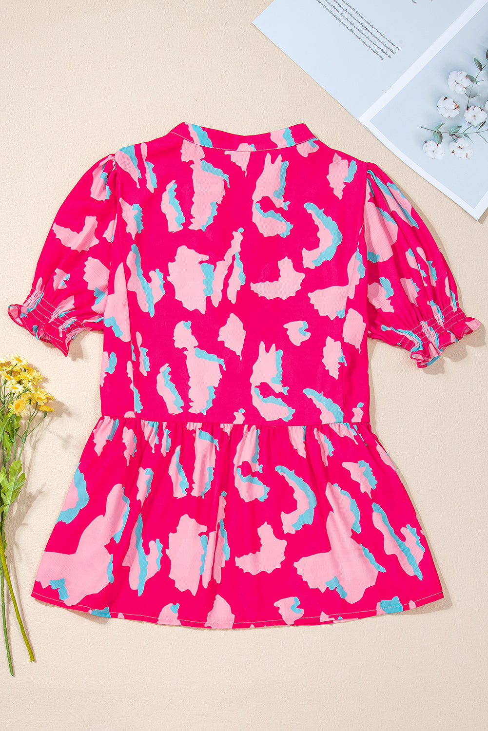 Pink Abstract Gathered Doll Sleeve Top