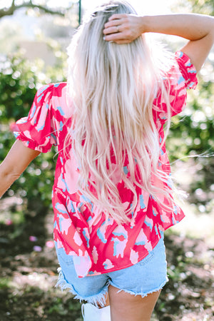 Pink Abstract Gathered Doll Sleeve Top