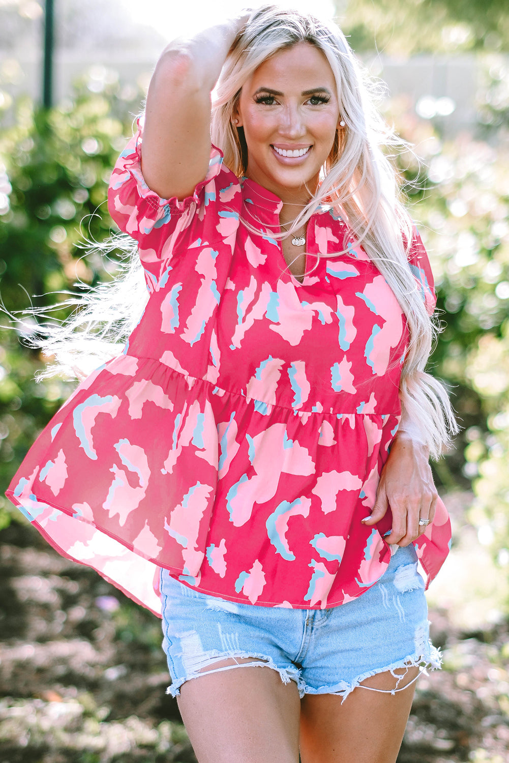 Pink Abstract Gathered Doll Sleeve Top