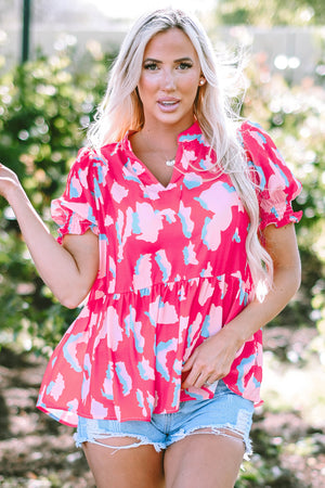 Pink Abstract Gathered Doll Sleeve Top