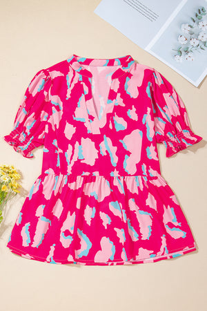 Pink Abstract Gathered Doll Sleeve Top