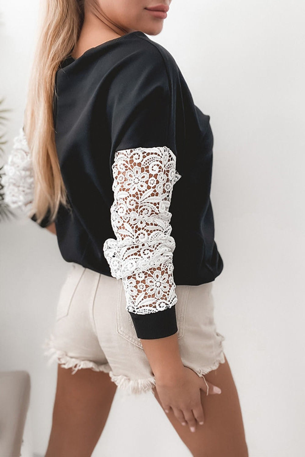 Crochet Sleeve Black White Top