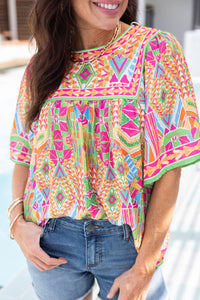 Colorful Geometric Butterfly Sleeve Gathered Top