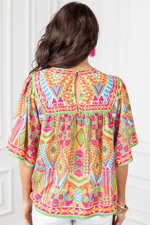 Colorful Geometric Butterfly Sleeve Gathered Top