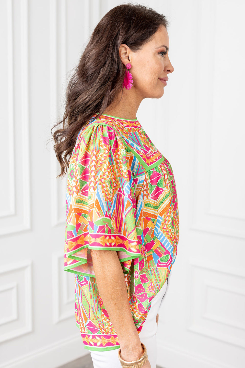 Colorful Geometric Butterfly Sleeve Gathered Top