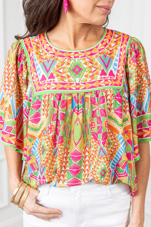 Colorful Geometric Butterfly Sleeve Gathered Top