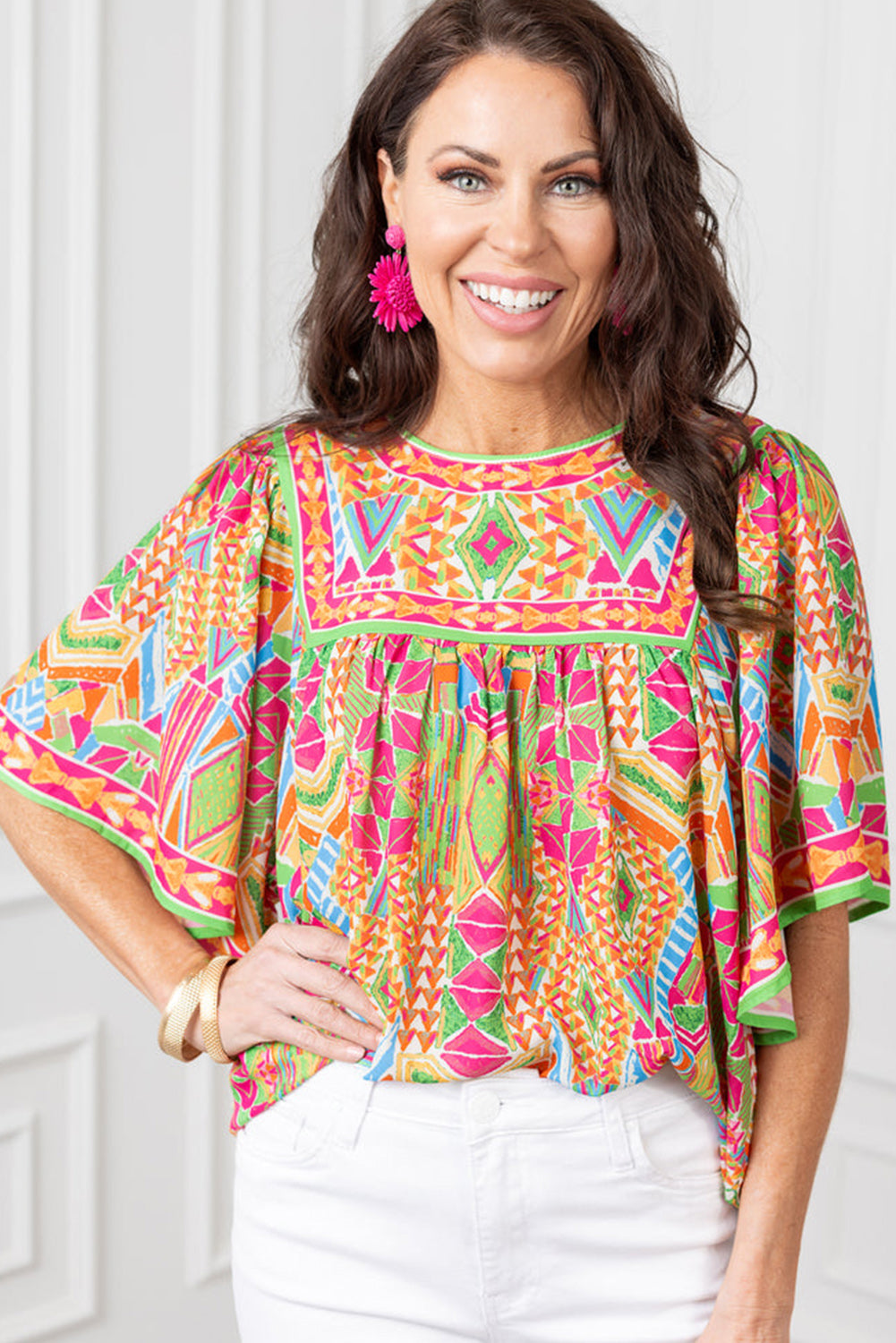 Colorful Geometric Butterfly Sleeve Gathered Top