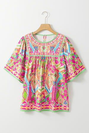 Colorful Geometric Butterfly Sleeve Gathered Top