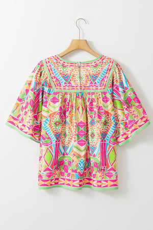 Colorful Geometric Butterfly Sleeve Gathered Top