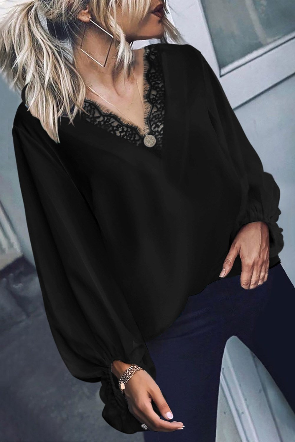 Balloon Sleeve Lace Trim Tunic