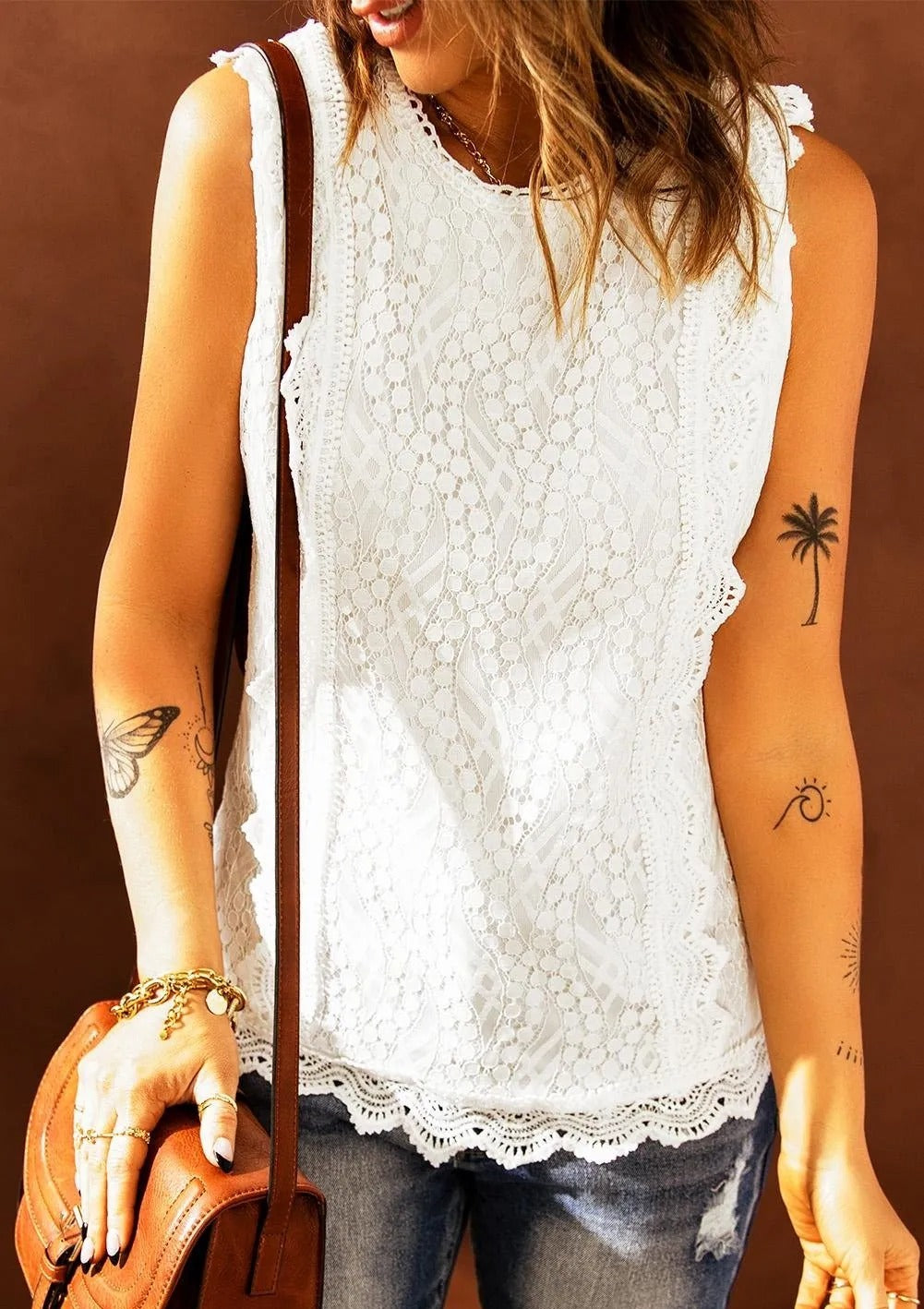 Sleeveless White Lace Top