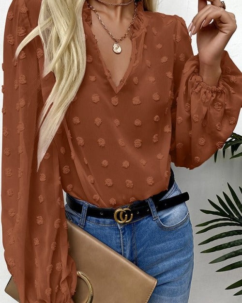 V Neck Bubble Sleeve Dotted Top