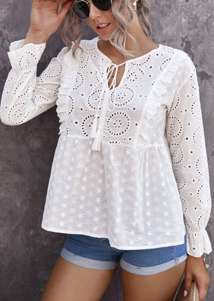 Cotton Eyelet Ruffled Tassel Top