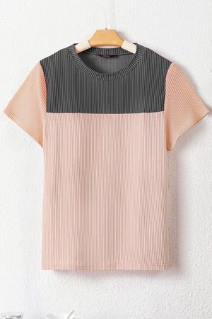 Ribbed Knit Textured Colorblock Short Sleeve Top